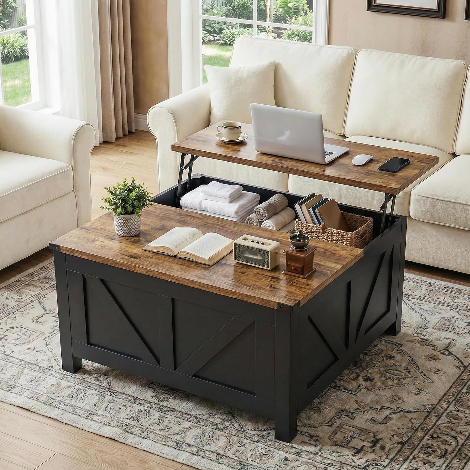 35' Farmhouse Coffee Table with Large Storage, Rustic Wood Lift Top Coffee Table for Living Room, Square Center Table with Charging Station&USB, Modern Port Pottery Barn Lift top Table