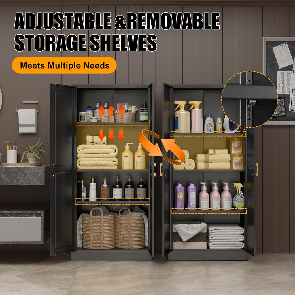 60' Tall Kitchen Storage Cabinet with 2 Doors, Metal Kitchen Pantry Cabinets with 3 Adjustable Shelves, Black Freestanding Food Cabinet, Large Cupboard for Office, Dining, Living Room,Hallway