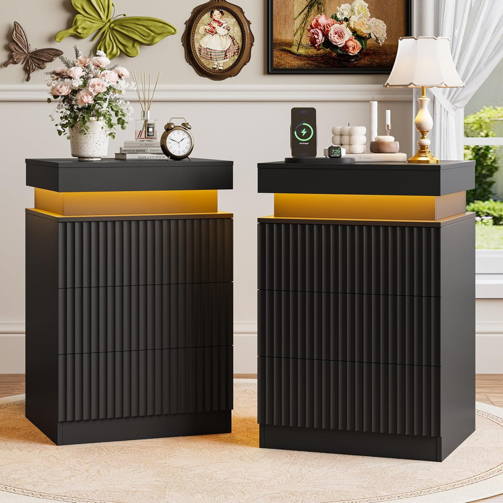 Night Stand Set 2 with Charging Station & LED Light, Mid Century Modern Fluted Bedside & End Tables with 3 Drawers, Sliding Top & Hidden Storage, Wooden Farmhouse NightStand for Bedroom Office, Black