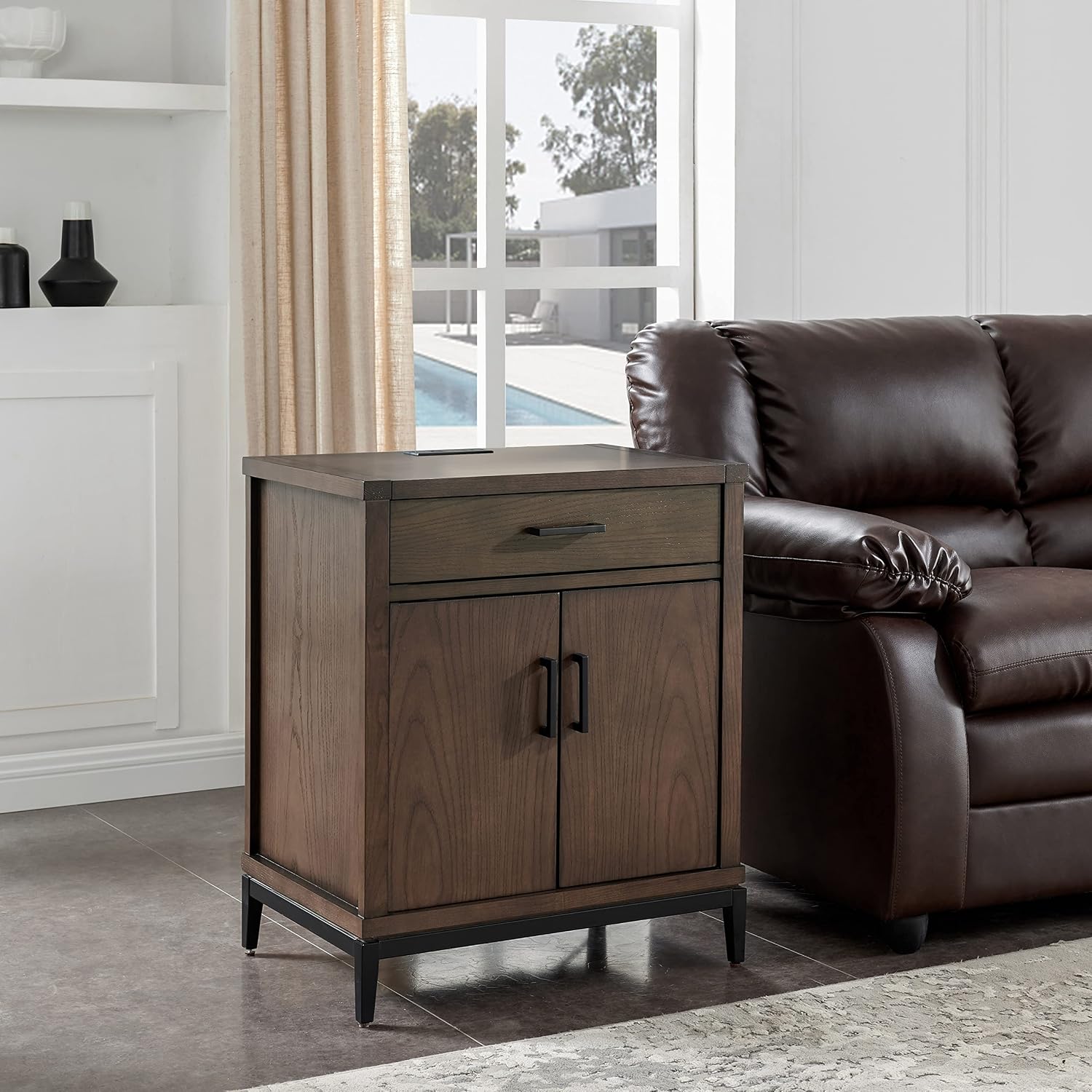 Leick Home Julien Nightstand Side Table One Drawer and Lower Cabinet Traditional – Fast Charging Station – Durable Solid Wood – Living Room, Bedroom, Office, Coffee Bean with Matte Black, 9079-GRMB