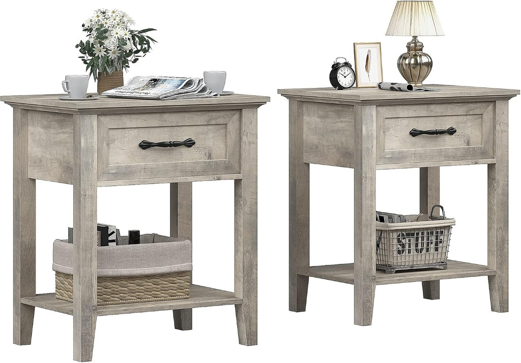 GarveeHome End Table with Drawer, Nightstands for Living Room, Side Table for Study Room, 2 Tiers Storage Shelves Bedside Table for Bedroom, Dorm, 2pcs-Grey