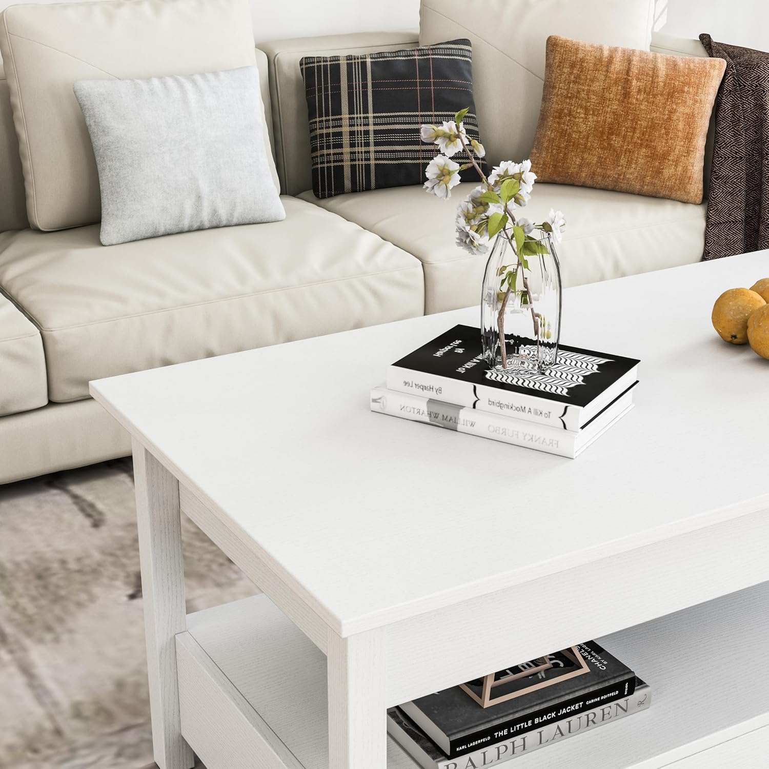 Panana Coffee Table, Lift Top Coffee Table with Hidden Compartment, 2 Drawers and 1 Open Shelf, Retro Central Wooden Table Lift Tabletop for Living Room (White)
