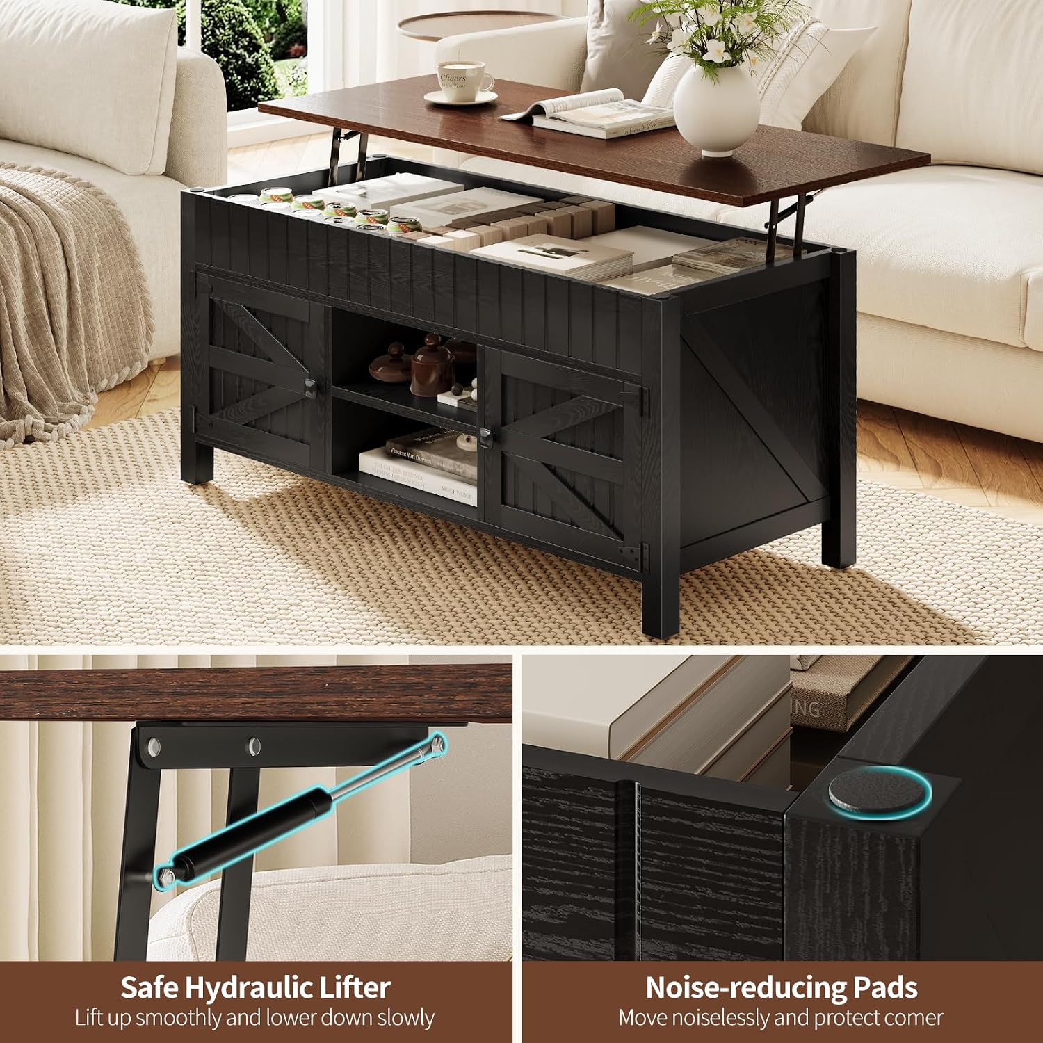 47.3' Lift Top Coffee Table with Storage - Black Coffee Tables for Living Room, Farmhouse Wood Center Table, Large Rectangle Middle Tables with Hidden Compartment & Adjustable Shelf