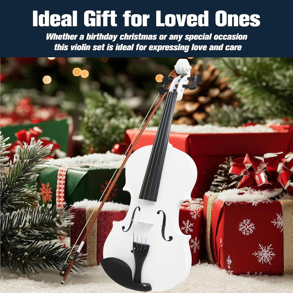 Mendini By Cecilio Violin 4/4 Full Size For Beginners - Fiddle Solidwood Kit with Hard Case - Acoustic Violins with Bow, Rosin, Tuner, Extra Strings & Bridge, Shoulder Rest and Lesson Book (White)