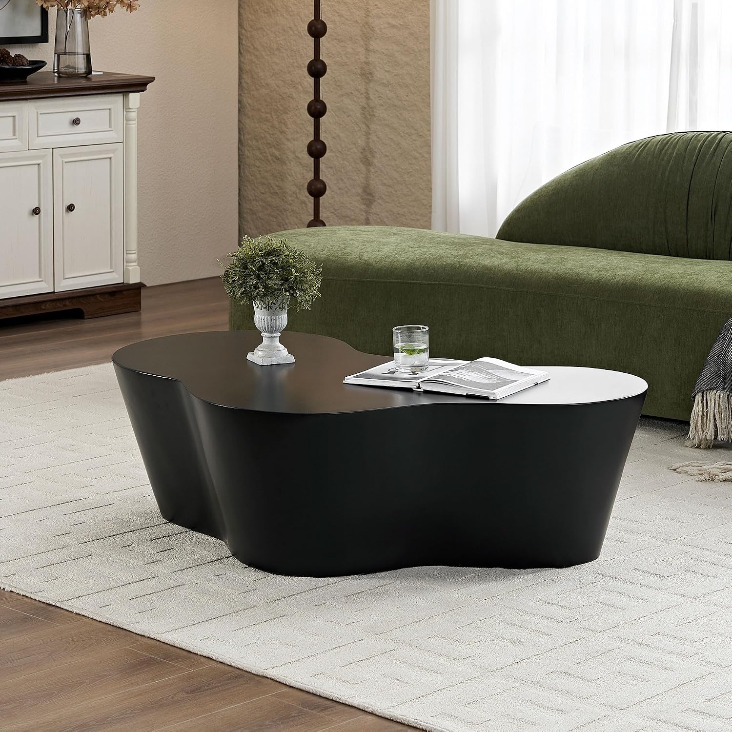 50' Coffee Table Modern Irregular Center Table Fiberglass Sturdy Table for Living Room, No Need Assembly Black