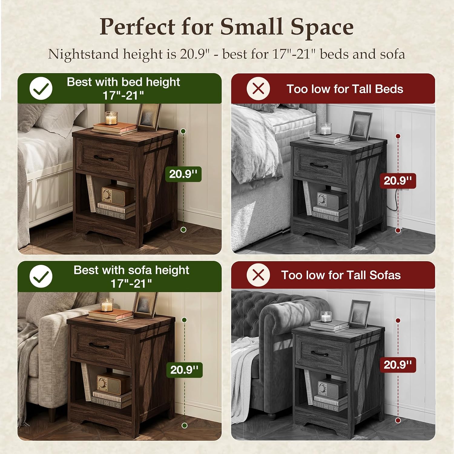 AODK Farmhouse Nightstand Set of 2, Rustic End Tables with Drawer & Open Storage, Wood Bedside Tables for Bedroom & Small Space, Dark Walnut