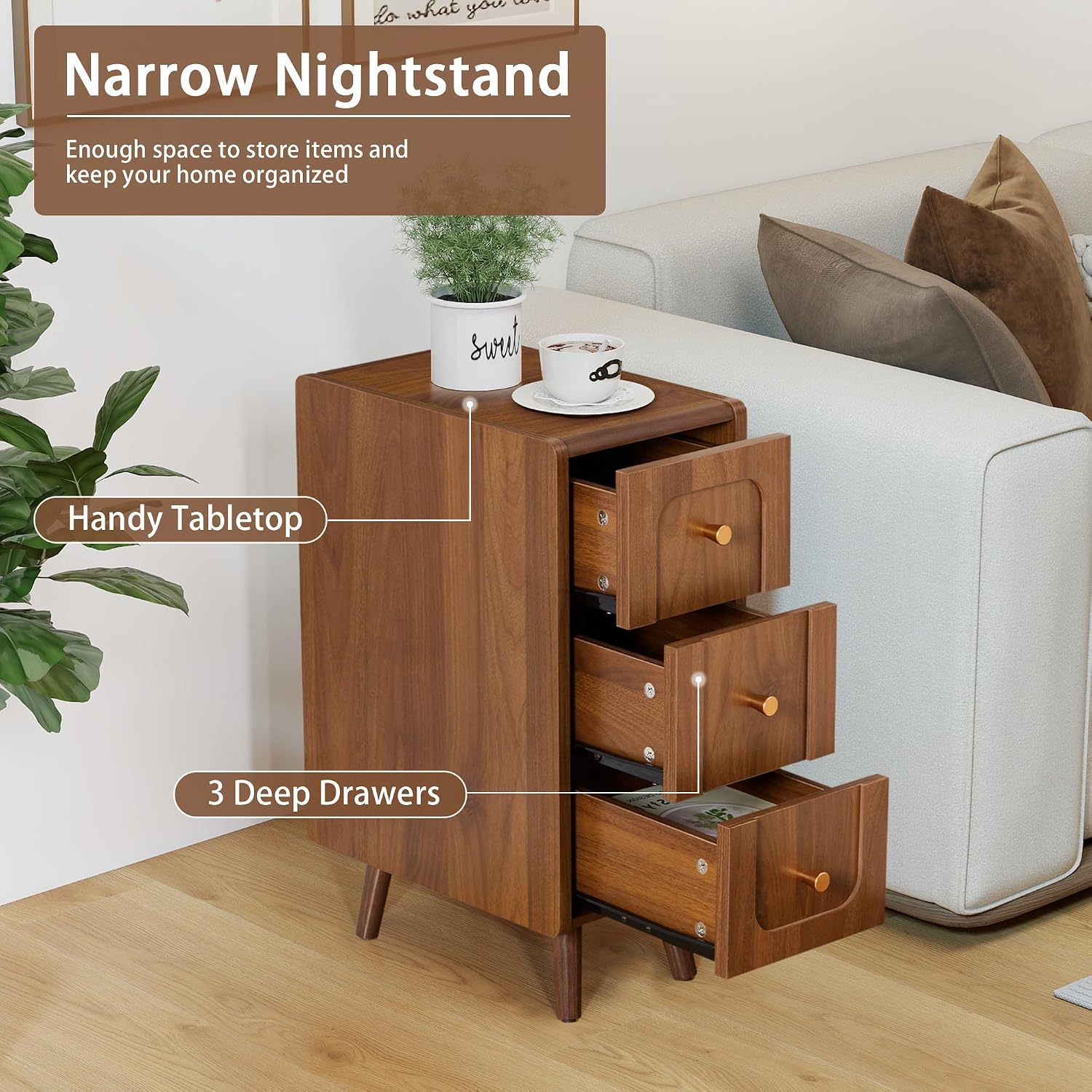Small Nightstand Set of 2, Narrow Nightstand Slim Couch Side Table with Drawers, Wood End Tables with Storage for Living Room, Bedroom, Small Spaces (Walnut-2pcs)