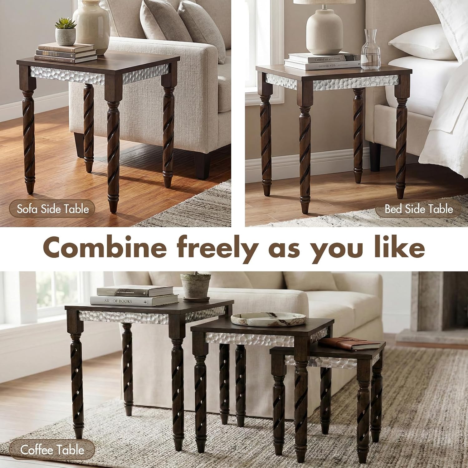 Hyfirm Nesting Tables Set of 3, Walnut Mid Century Modern Accent Tables with Spiral Rubber Wood Legs & Silver Honeycomb Apron, Retro Stackable Side Tables for Living Room, Bedroom & Small Apartments