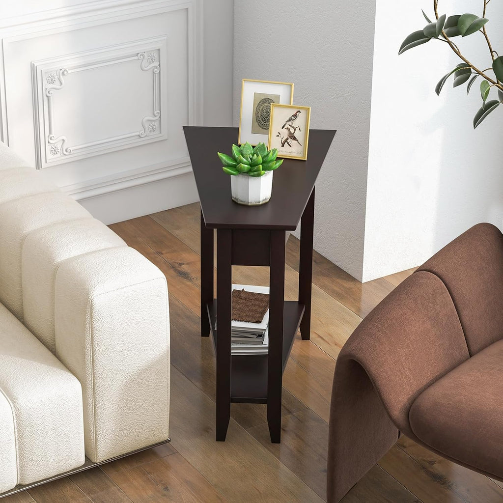 Giantex Wedge End Table Set of 2, Triangle Side Table with Storage Shelf and Solid Wood Legs, Recliner Table, 24.5' Tall Nightstand, Modern Narrow Accent Table for Small Space Living Room, Espresso