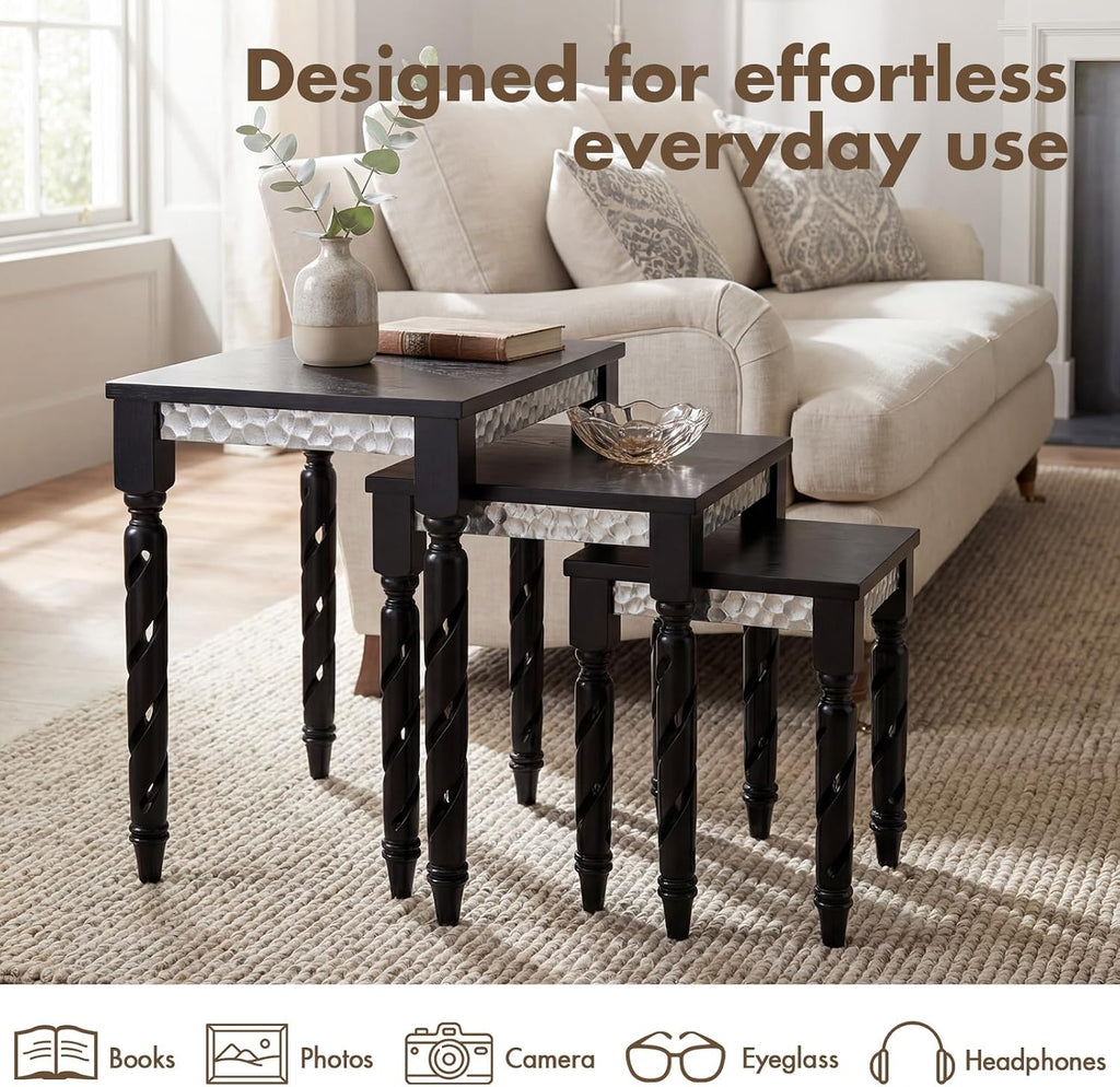 Hyfirm Black Nesting Tables Set of 3 - Mid Century Modern Accent End Tables with Durable Veneered Top, Spiral Wood Legs & Hexagonal Silver Apron, Ideal for Living Room, Bedroom & Small Apartments