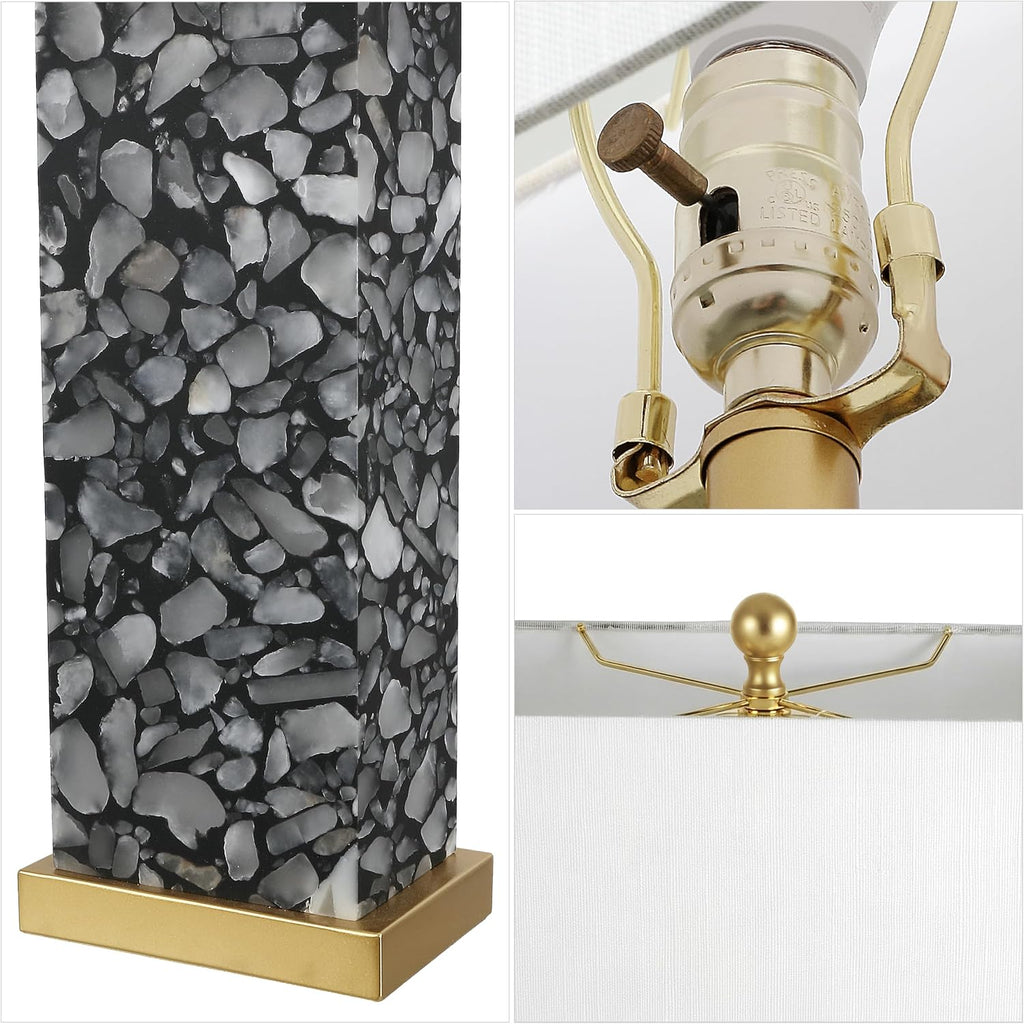 JONATHAN Y 27.5' Black Alabaster Gold Rectangular Table Lamp with Night Light Contemporary Coastal Bedside Lamp for Bedroom with White Linen Shade LED Bulbs Included JYL6201C