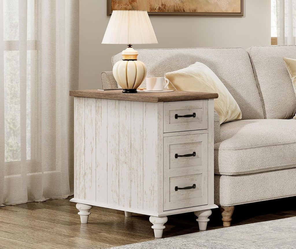 WAMPAT Antique White End Table with Charging Station, Wooden Side Table with Drawer & Storage Cabinet, Farmhouse Nightstand with Power Outlets & USB Ports for Living Room, Bedroom