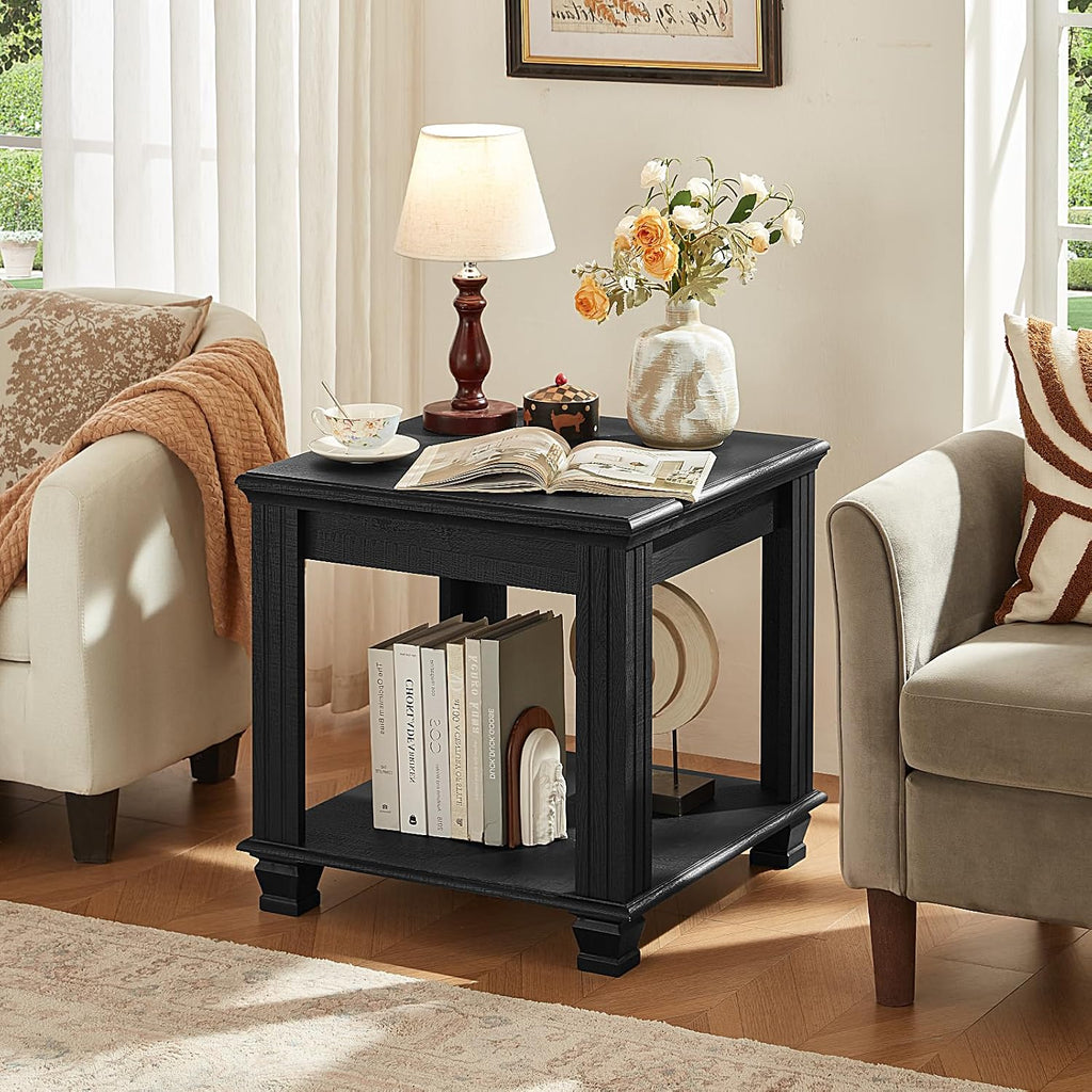SAVOR LIFE Farmhouse End Table Set of 2,Large Side Table with 2-Tier Storage Shelf,Rustic Wood End Tables for Living Room,Square Tea Table, Black