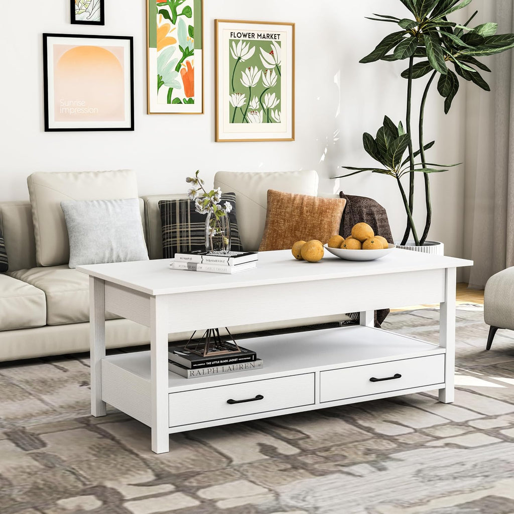Panana Coffee Table, Lift Top Coffee Table with Hidden Compartment, 2 Drawers and 1 Open Shelf, Retro Central Wooden Table Lift Tabletop for Living Room (White)