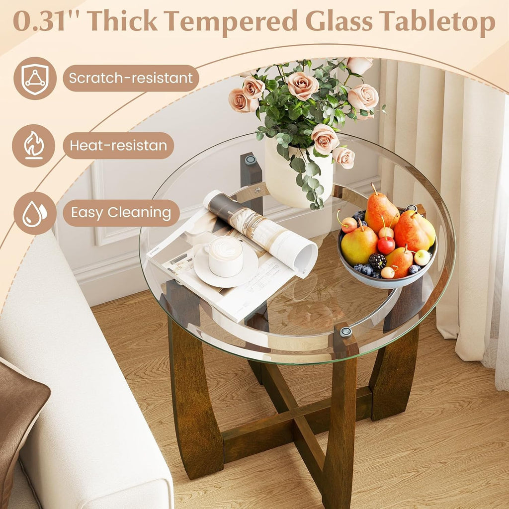 Giantex Round Glass End Table Set of 2, 24'' Side Table with Tempered Glass Top, Nightstands with Cross & Solid Rubber Wood Base, Compact Bedside Night Stand for Bedroom Office Living Room (2, Walnut)