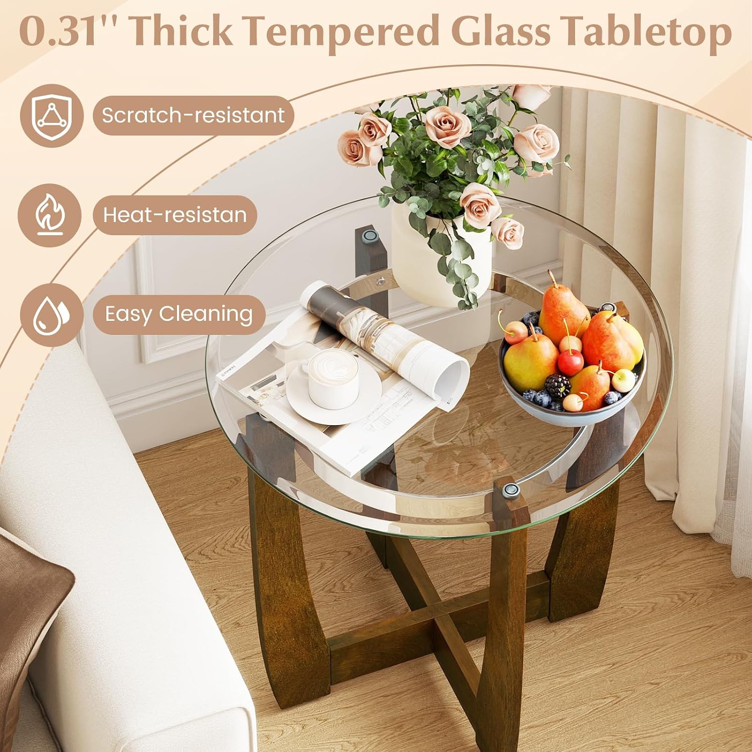 Giantex Round Glass End Table Set of 2, 24'' Side Table with Tempered Glass Top, Nightstands with Cross & Solid Rubber Wood Base, Compact Bedside Night Stand for Bedroom Office Living Room (2, Walnut)