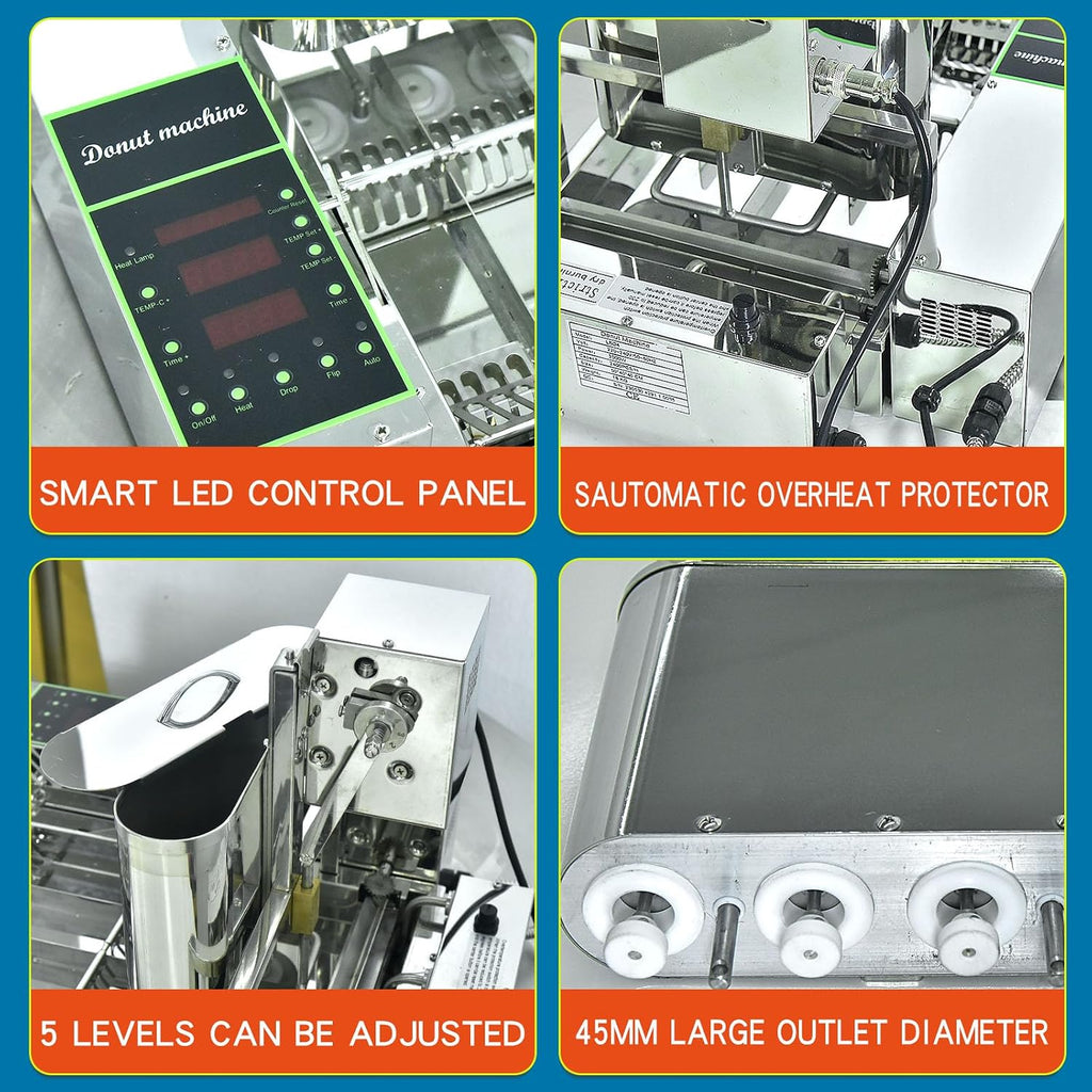 Kolice Commercial Mini Donuts Making Machine Frying Donuts Makchine - 4-Rows Production, 5.5L Hoppers, 1,800 Pcs Per Hour, Auto Counting, Timer and Temperature Control
