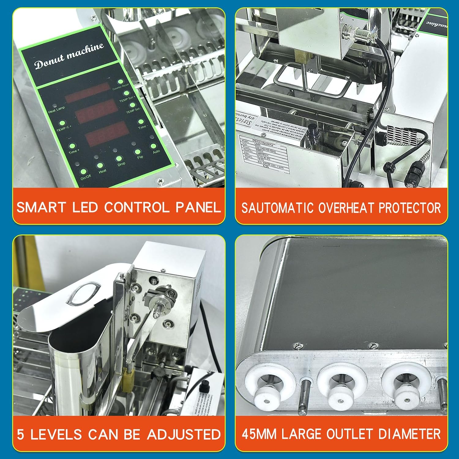Kolice Commercial Mini Donuts Making Machine Frying Donuts Makchine - 4-Rows Production, 5.5L Hoppers, 1,800 Pcs Per Hour, Auto Counting, Timer and Temperature Control