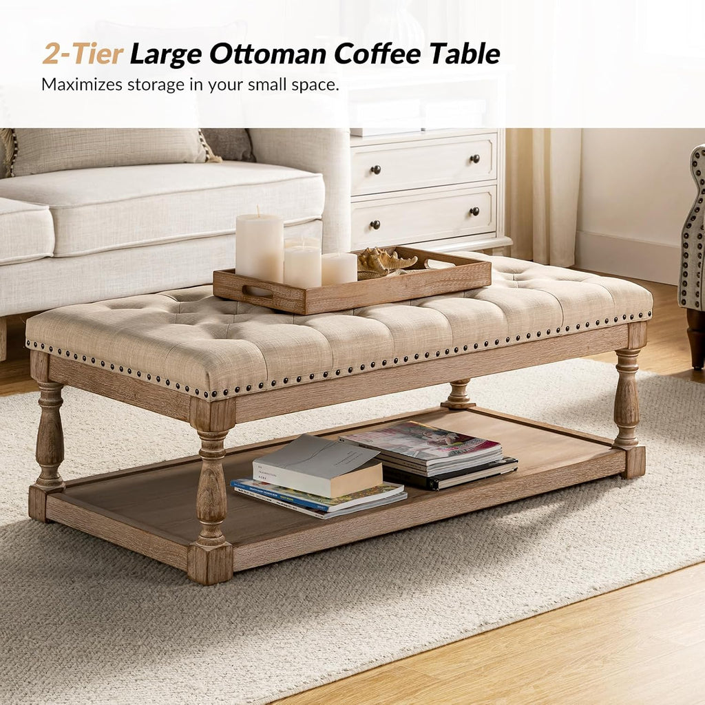 HULALA HOME Rectangle Ottoman Coffee Table with Tray, Tufted Living Room Ottoman with Solid Wood Storage Shelf, Linen
