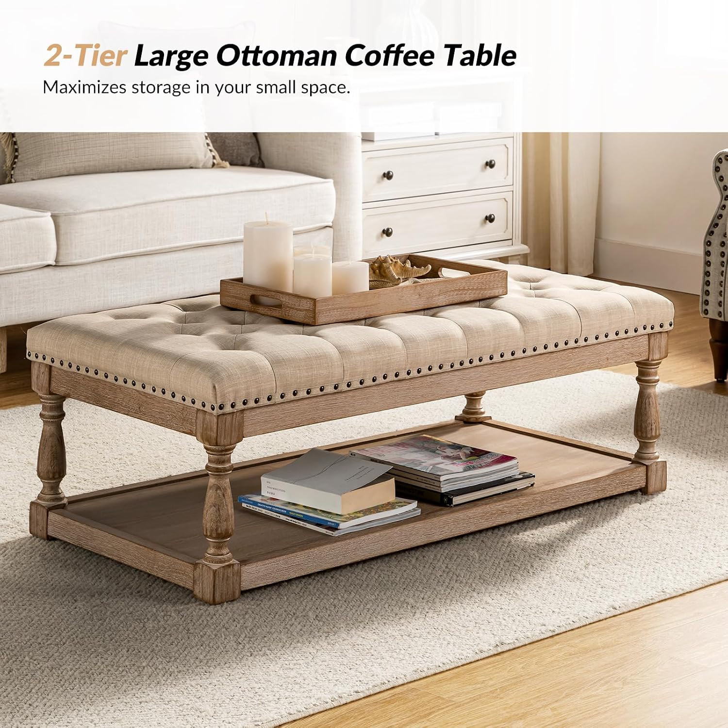HULALA HOME Rectangle Ottoman Coffee Table with Tray, Tufted Living Room Ottoman with Solid Wood Storage Shelf, Linen