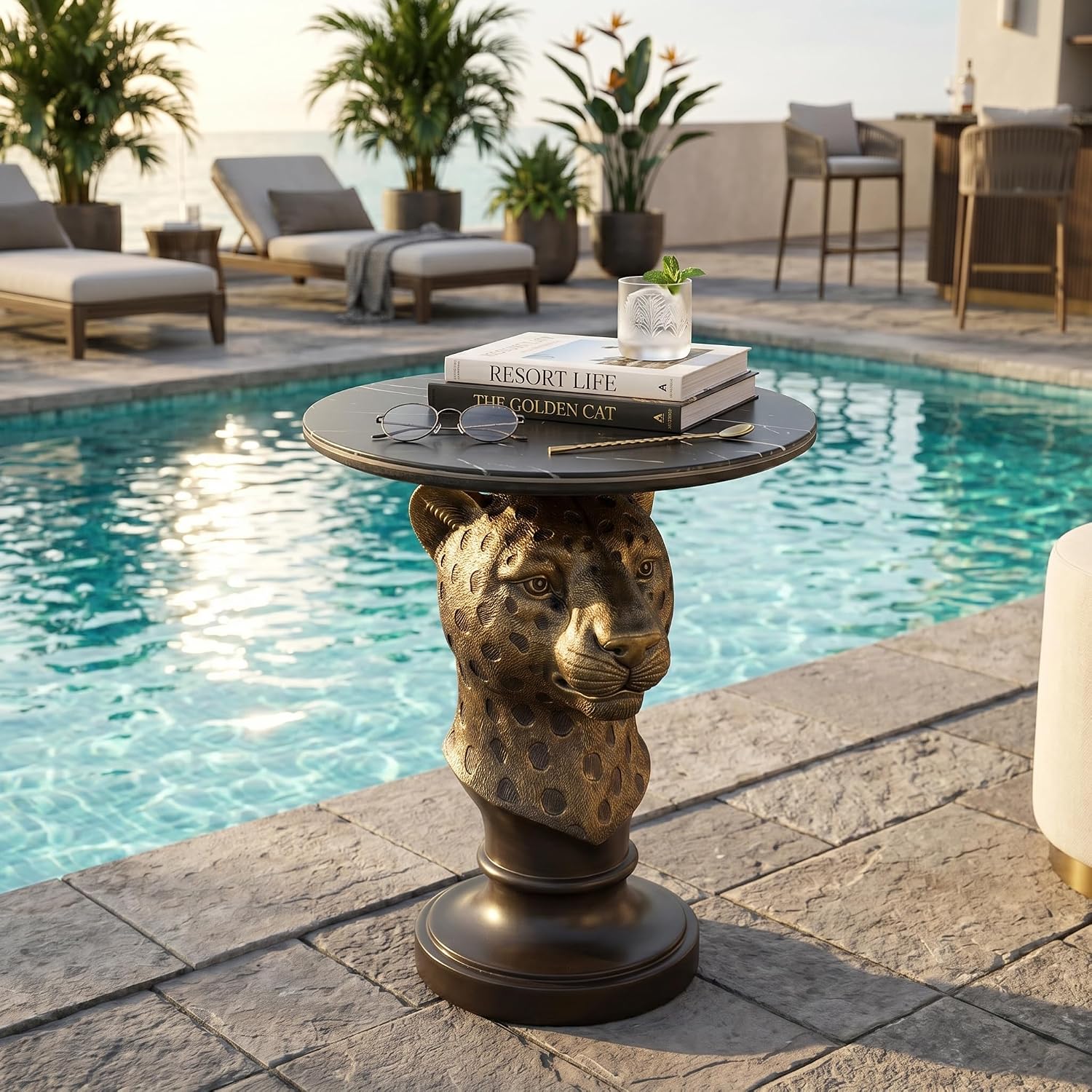 Leopard Head Sculptural Accent Table for Living Room & Entryway, 19.69' D x 24.80' H, Resin Animal End Table, Waterproof Outdoor Decor, Unique Gift for Housewarming