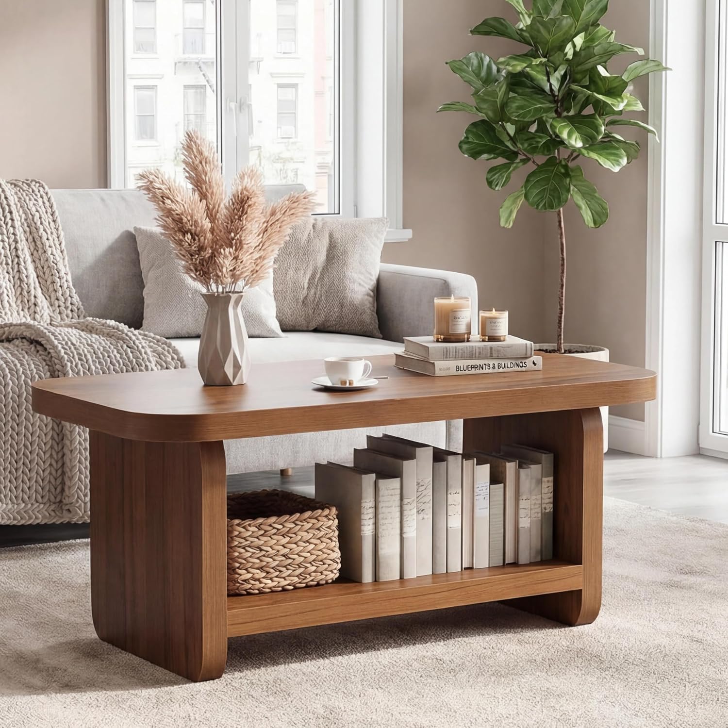 LITTLE TREE Wooden Coffee Table, 47.2' Center Table with Storage, Modern Farmhouse Rectangle Living Room Tables with Rounded Corners for Living Room, Bedroom, Kids Room, Home Office, Brown