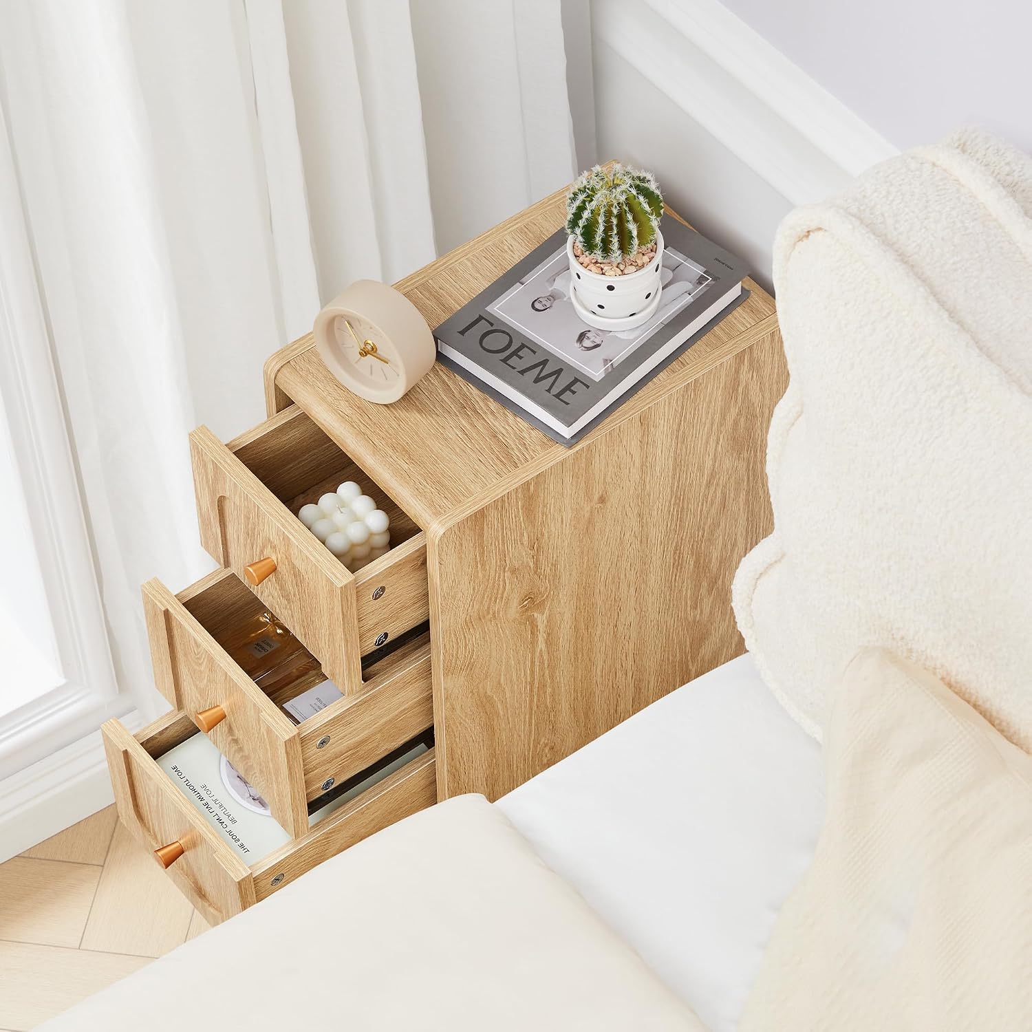 Small Nightstand Set of 2, Narrow Nightstand Slim Couch Side Table with Drawers, Wood End Tables with Storage for Living Room, Bedroom, Small Spaces (Natural-2pcs)