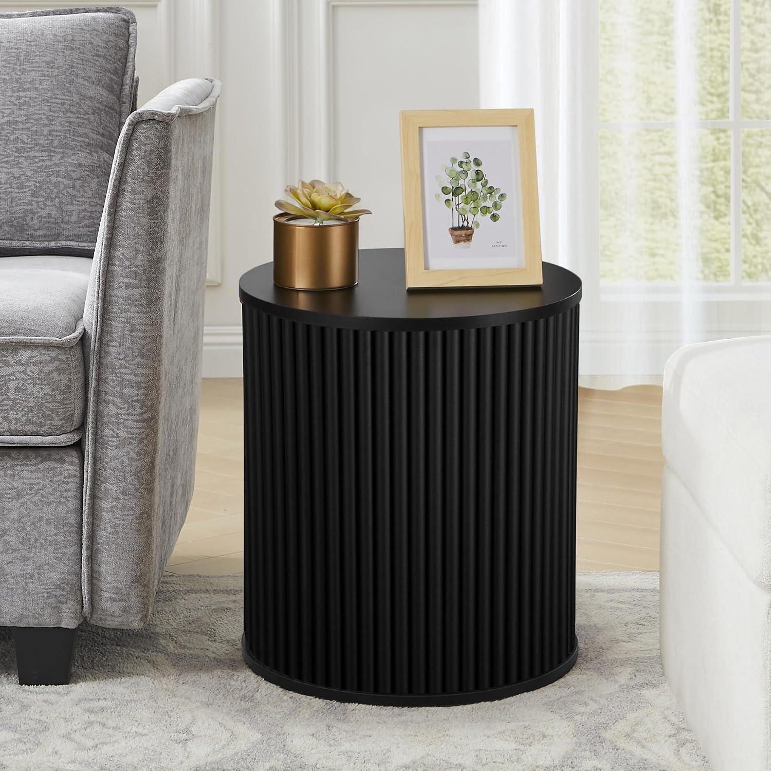 AVZEAR Small Round Side Table Fluted Night Stand Set of 2, Mid Century Modern End Table with Storage, Circle Bedside Tables Wood Nightstands for Small Spaces, Living Room, Bedroom (Black)