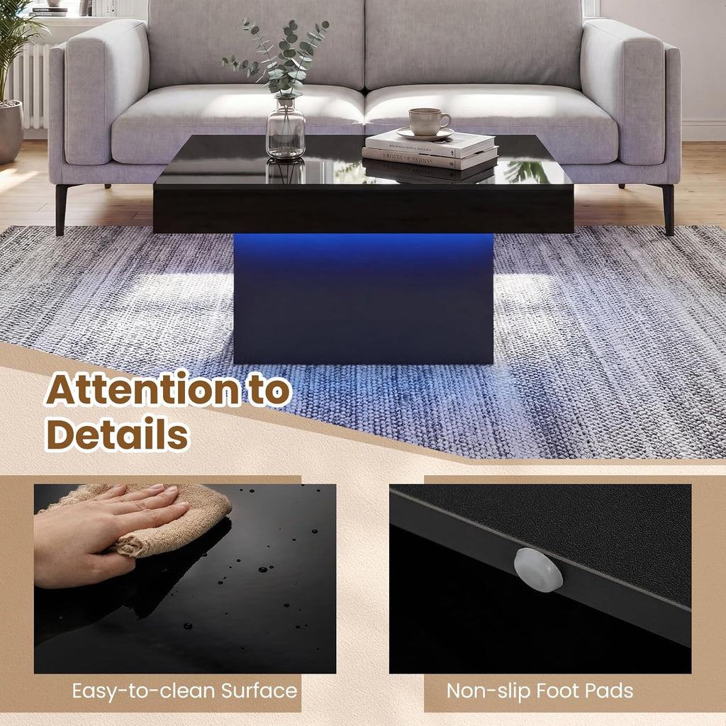 GOFLAME LED Coffee Table for Living Room, 35.5' Square Center Table with Storage, Adjustable Light Colors, Speed & Brightness, Remote Control, Modern High Glossy, Wooden Accent Tea Tables (Black)