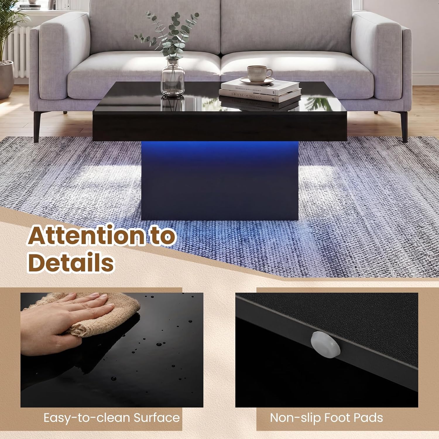GOFLAME LED Coffee Table for Living Room, 35.5' Square Center Table with Storage, Adjustable Light Colors, Speed & Brightness, Remote Control, Modern High Glossy, Wooden Accent Tea Tables (Black)