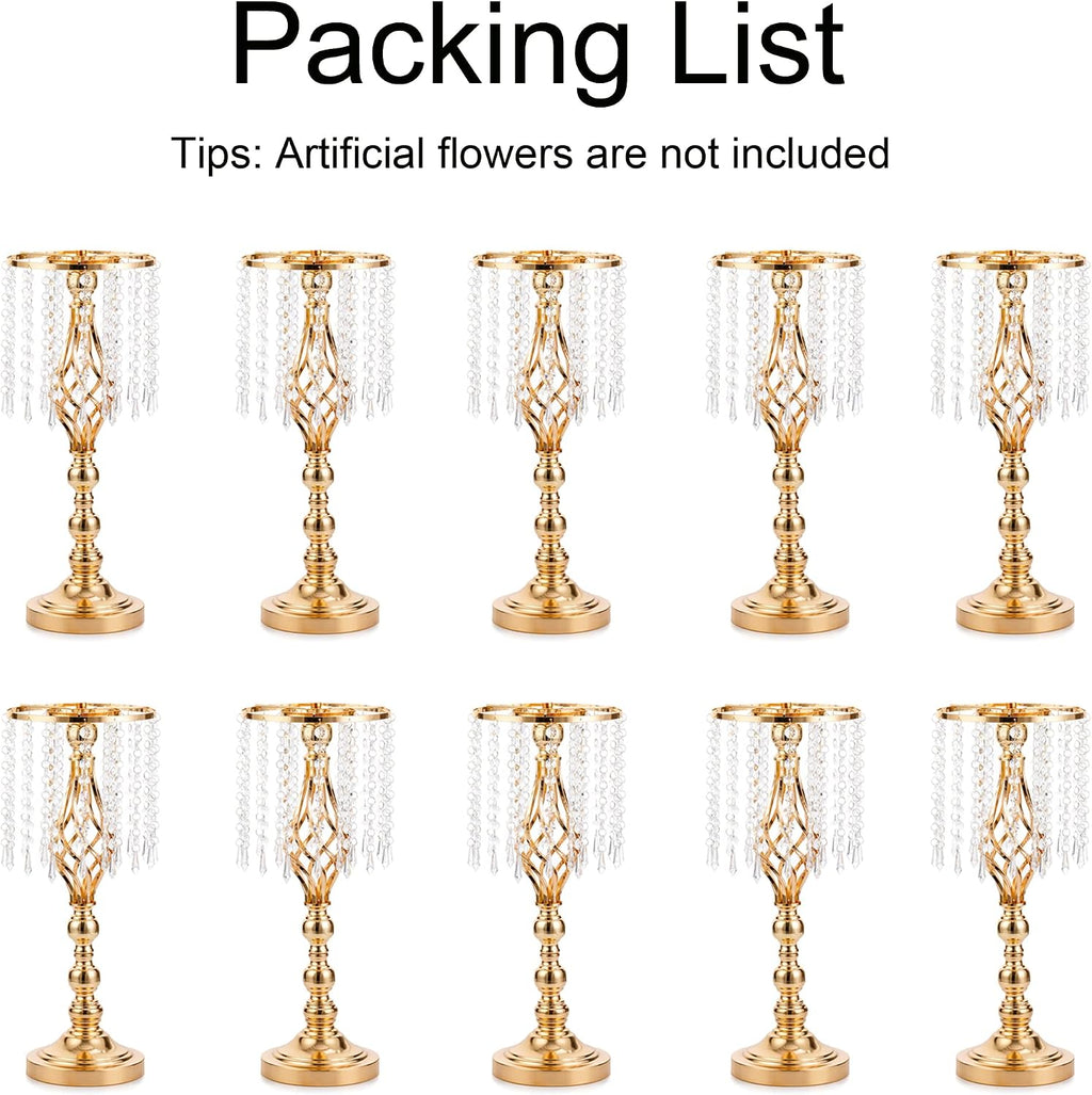 Gold Vases Centerpieces for Wedding: 19.3' Tall Flower Stand with Crystal Patent for Table Center Piece Party Event Set of 10