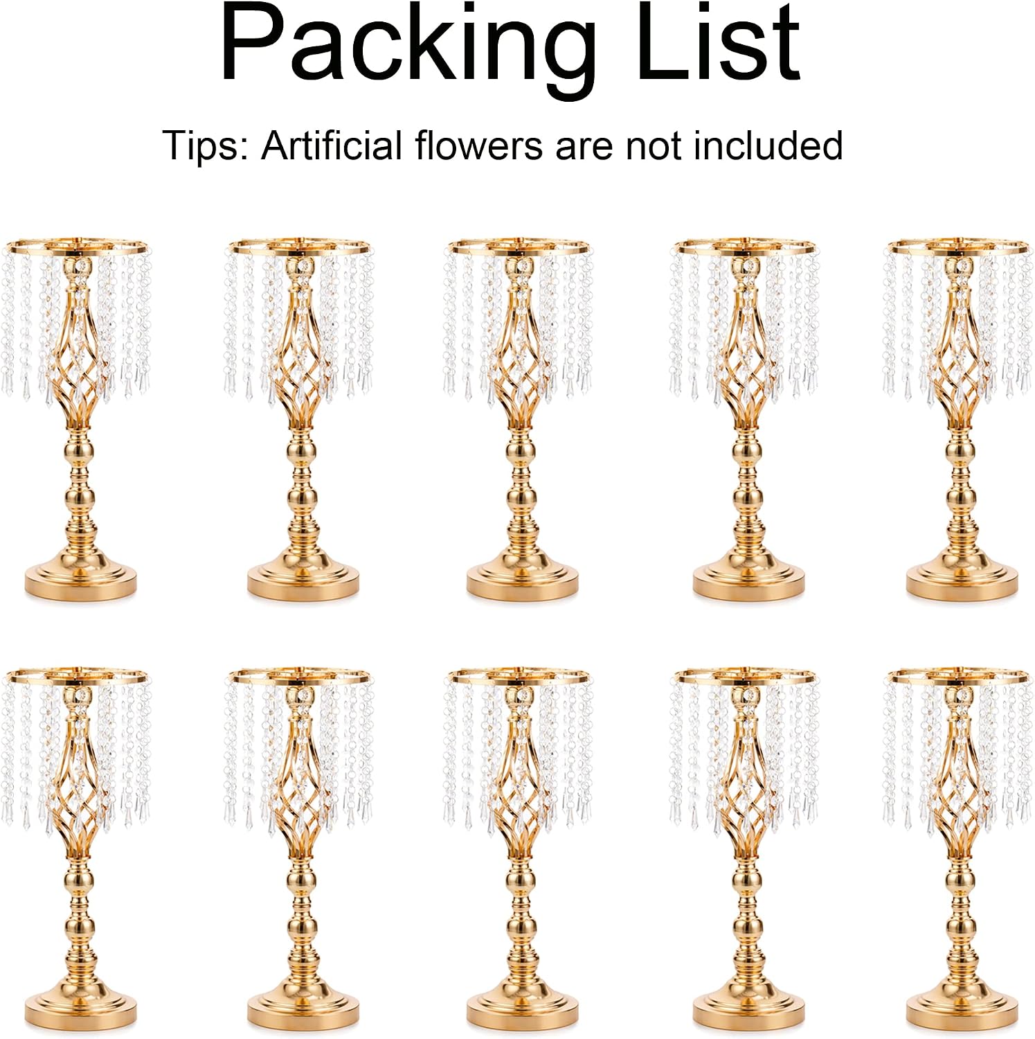 Gold Vases Centerpieces for Wedding: 19.3' Tall Flower Stand with Crystal Patent for Table Center Piece Party Event Set of 10