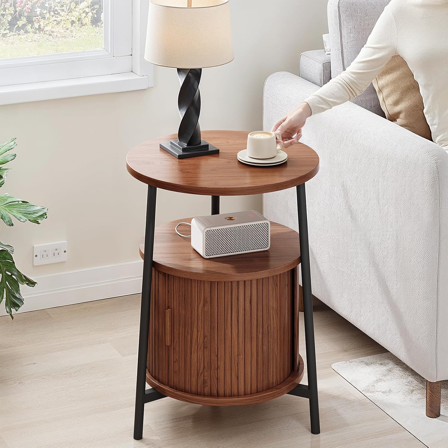 ONBRILL Round Side Table with Storage, Fluted Nightstand with Charging Station, Small Mid-Century Modern Bedside Tables, Walnut End Tables for Small Space Living Room Bedroom Sofa Couch (2 PCS)