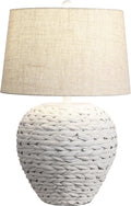 JONATHAN Y 24.5' White Water Hyacinth Farmhouse Basket Table Lamp, Coastal Decor for Living Room Bedroom Nightstand, Light Gray Linen Shade, LED Bulb Included (JYL6501C)