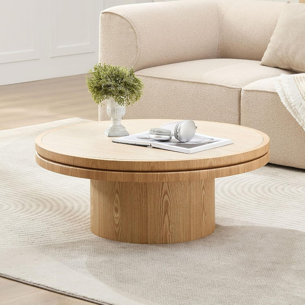 35.43' Farmhouse Round Coffee Table with Sintered Stone Tabletop, Sturdy Wood MDF Pedestal Coffee Tables for Living Room, Modern Circle Center Tea Table for Apartment, Office Bedroom Natural