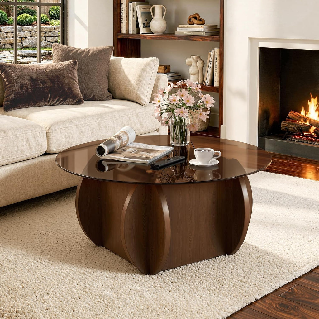 Round Glass Coffee Table, Modern Coffee Table with Glass Top and Wood Base, Minimalist Circle Coffee Table for Living Room, Small Round Coffee Table for Apartment, Office & Lounge, Walnut