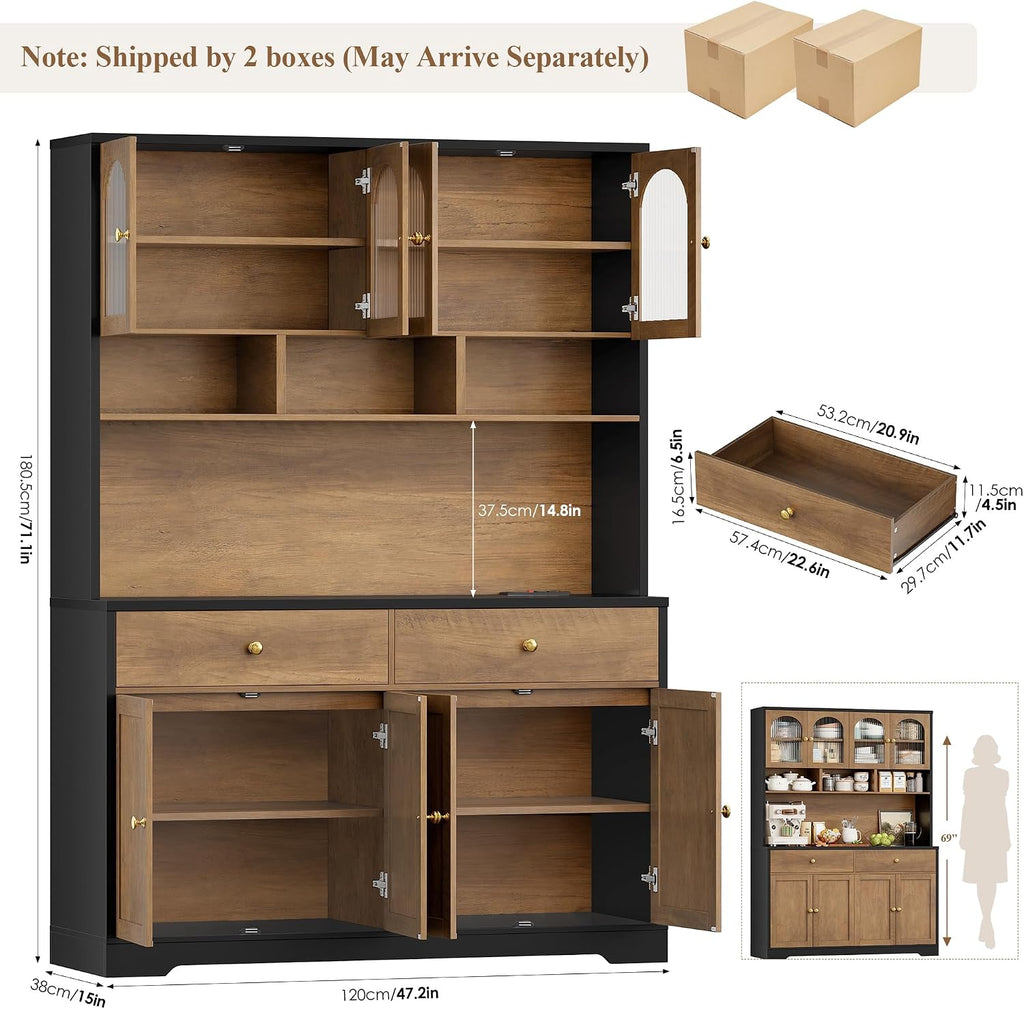 FINETONES 71' Pantry Cabinet, Tall Kitchen Pantry Storage Cabinet with Charging Station, 47.2' Wide Kitchen Hutch Food Storage Cabinets with Open Countertop for Dining Room, Black/Brown