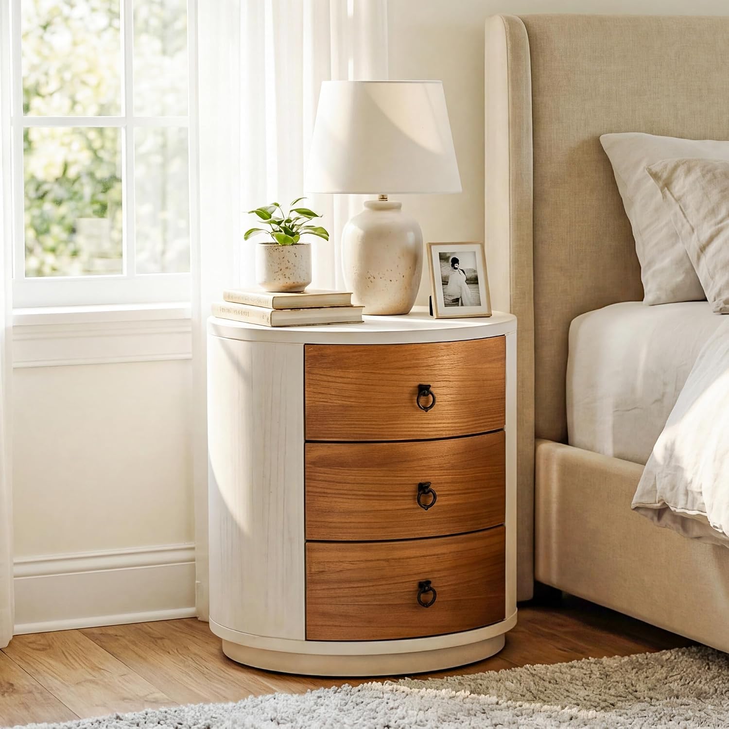 COSIEST 3 Drawer Chest of Drawers, 20 inch MDF Round Storage Cabinet, Retro Whitewash Finish Nightstand, Wood Bedside Table with Drawers for Bedroom Living Room