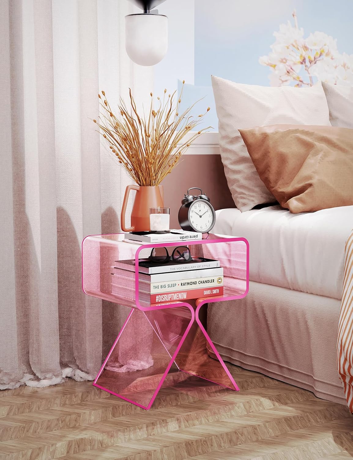 Acrylic Nightstand Side Table Modern Design Clear Home Decor Display End Table for Living Room (Pink)