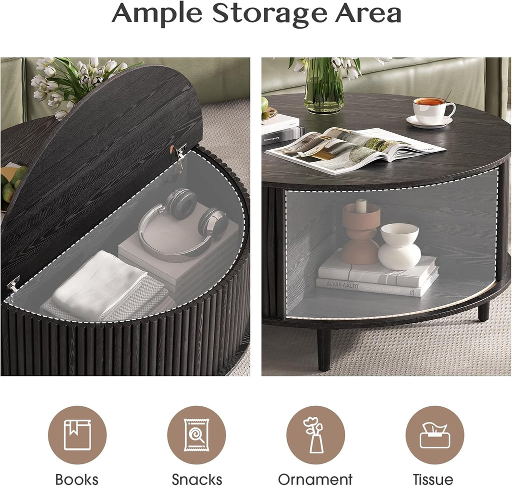 Round Coffee Table with Storage, 31.5' Modern Coffee Table with Sliding Door & Solid Wood Legs, Minimalist Fluted Center Table for Living Room, Home Small Space, Black