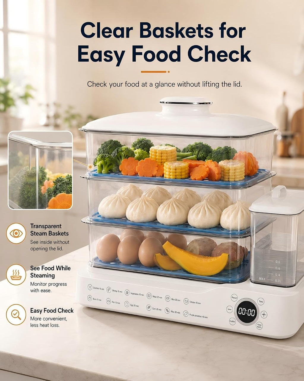 24L Electric Vegetable Steamer, 3-Tier Digital cooking steamer with 24-Hour Delay Start, Keep Warm, Removable Water Tank and Stainless Steel Trays for Dumplings, Seafood, Eggs and Rice