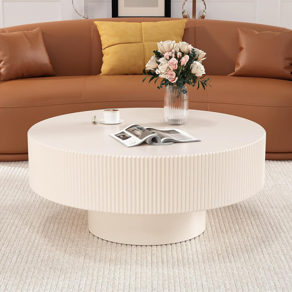 Modern Fluted Round Coffee Table - Handcraft Wooden Drum Coffee Tables with Sturdy Base, Circle Coffee Table Center Tea Table for Living Room Office Apartment Small Space, Easy Assembly(White 30.9')