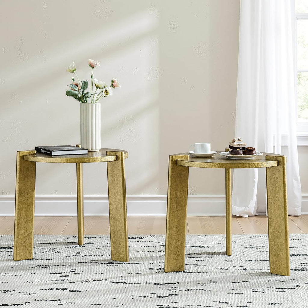 HULALA HOME Round End Tables Set of 2, Wood Fluted Side Tables, Modern Accent Tables for Living Room, Apartment, Office, Easy Assembly, Gold
