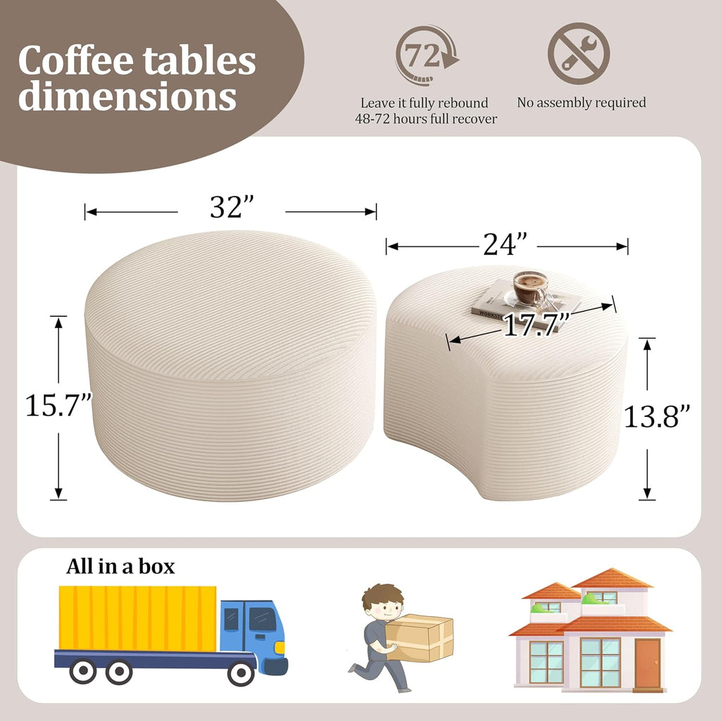 BSHOMGI Round Coffee Table Set of 2, Movable Ottoman for Corduroy Cloud Sectional Couches Circle Foam Round Side Table for Living Room, Entryway Set, 32'+17' Footrest No Assembly (Beige, 32'+17')