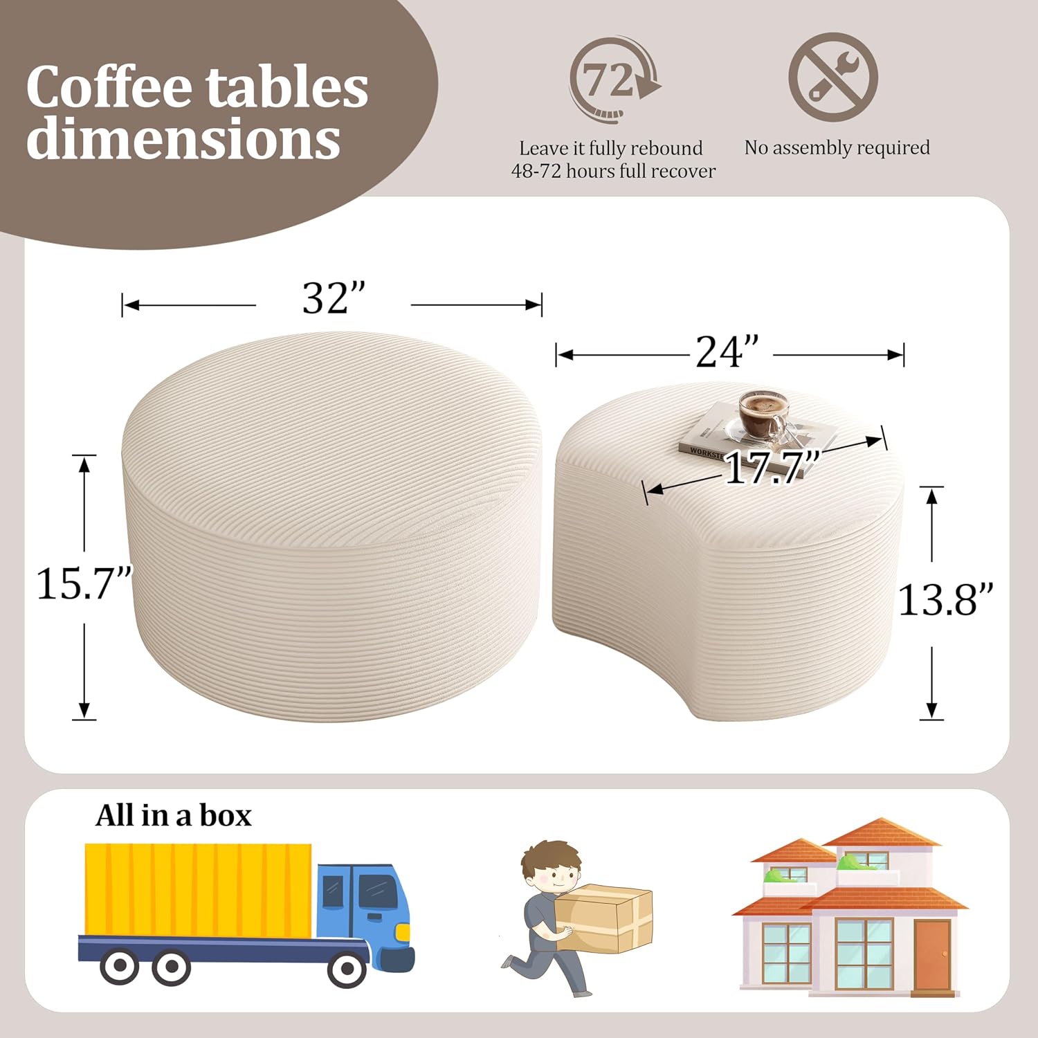 BSHOMGI Round Coffee Table Set of 2, Movable Ottoman for Corduroy Cloud Sectional Couches Circle Foam Round Side Table for Living Room, Entryway Set, 32'+17' Footrest No Assembly (Beige, 32'+17')