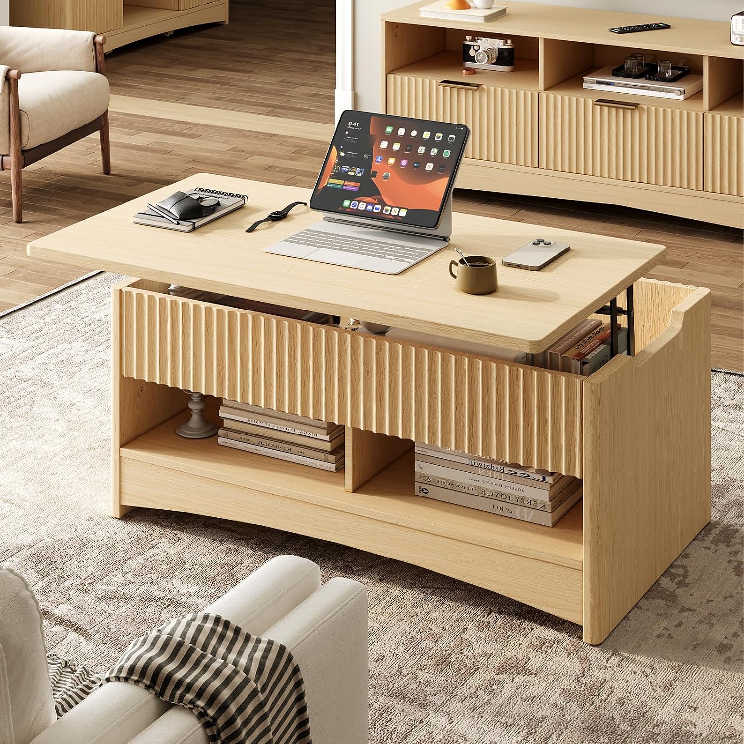 Amada Lift Top Coffee Table with Storage Shelf & Hidden Compartment, Modern Fluted Rectangle Dining Table for Living Room, Home Office,Natural Oak