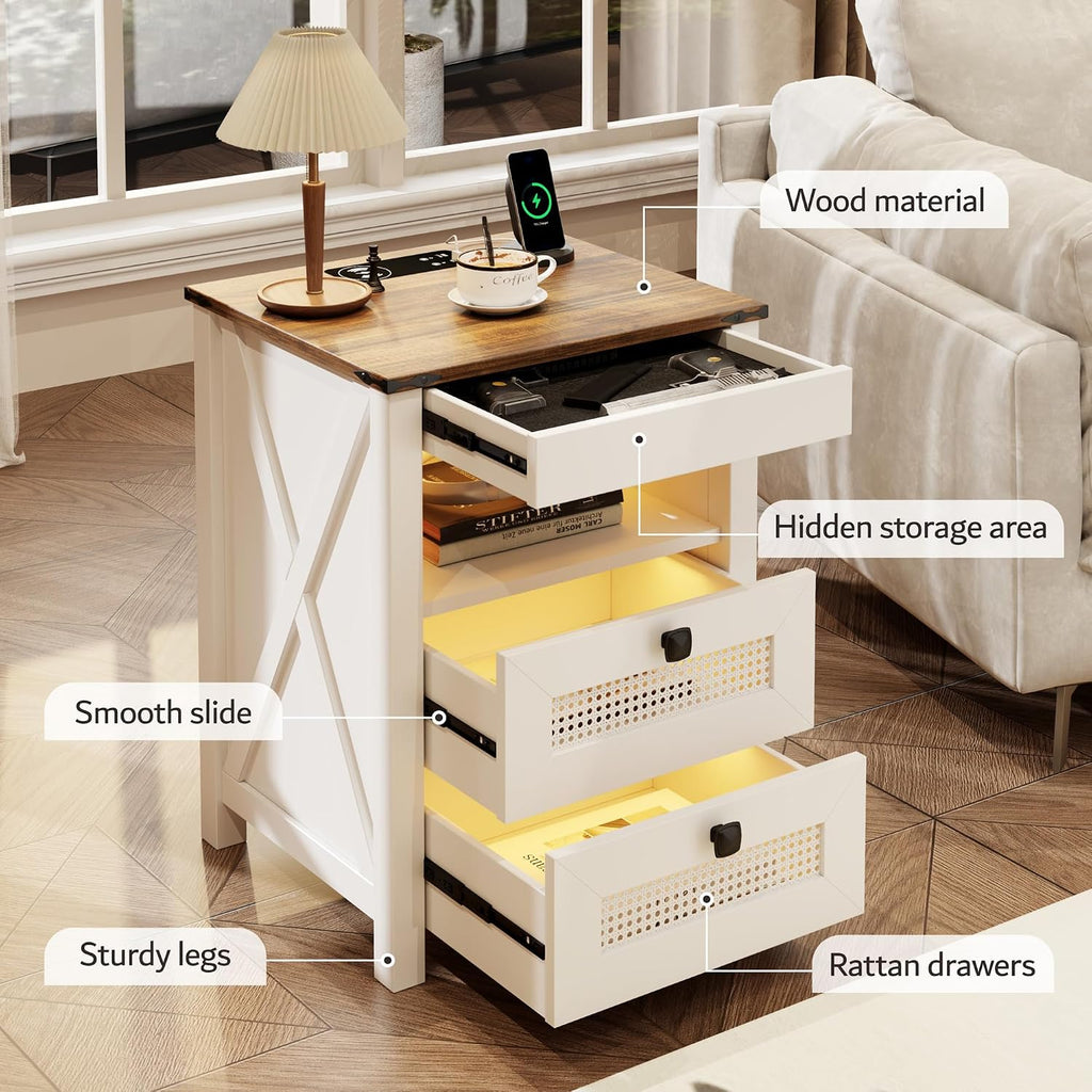 Nightstand with Gun Drawer, Rattan Bedside Table with Charging Station, LED End Table with Human Sensor Light, Gun Night Stand for Bedroom Living Room, Farmhouse Design, White
