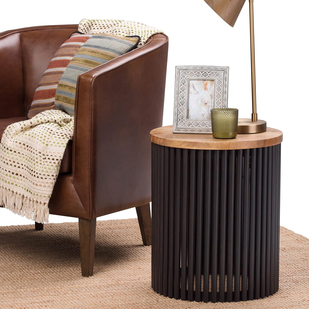 SIMPLIHOME Demy Metal and Wood Accent Table - 18 inch Wide Solid Metal Round End Table in Natural and Black, Industrial Side Table or Coffee Table for Living Room with Compact Design, Assembled | Side Table