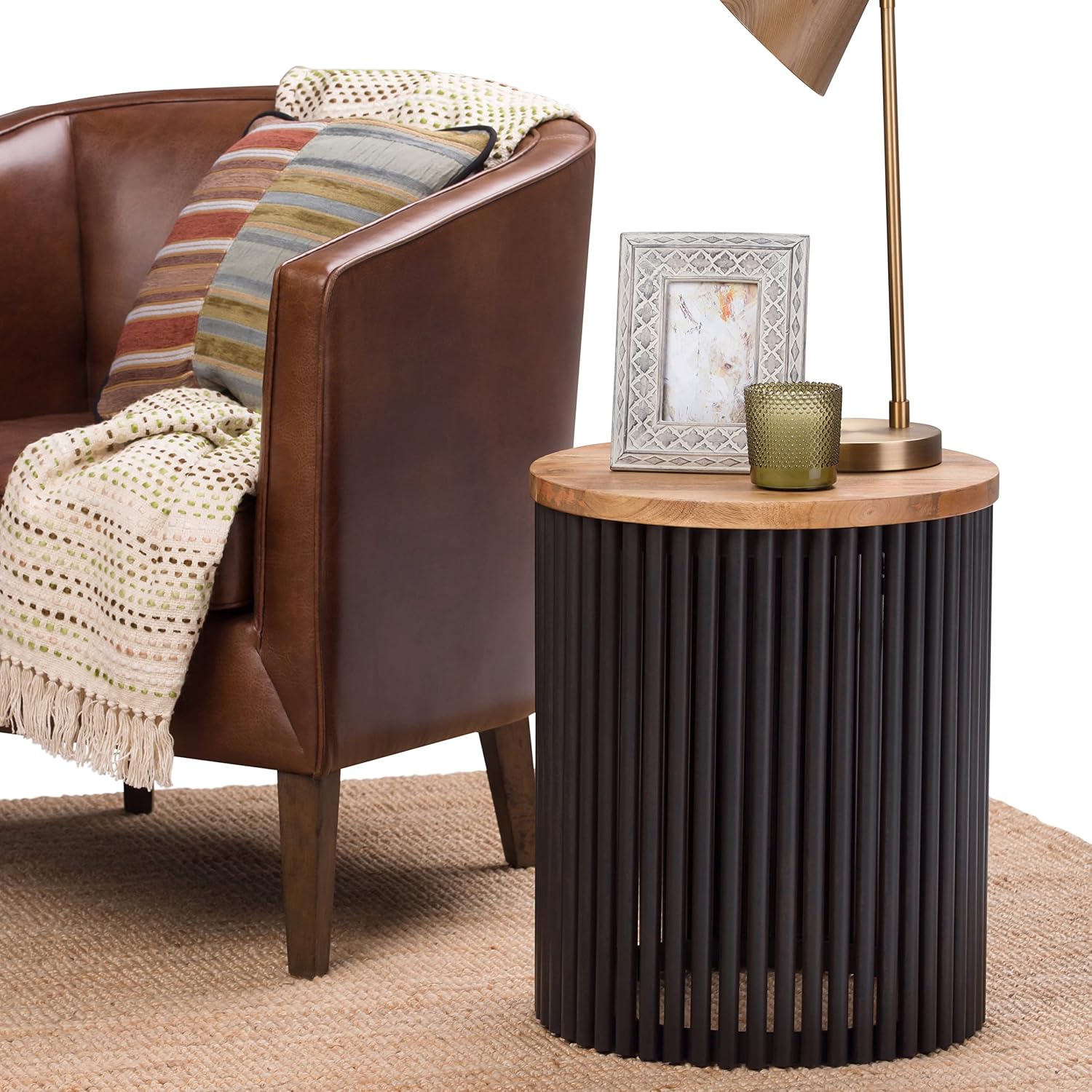 SIMPLIHOME Demy Metal and Wood Accent Table - 18 inch Wide Solid Metal Round End Table in Natural and Black, Industrial Side Table or Coffee Table for Living Room with Compact Design, Assembled | Side Table