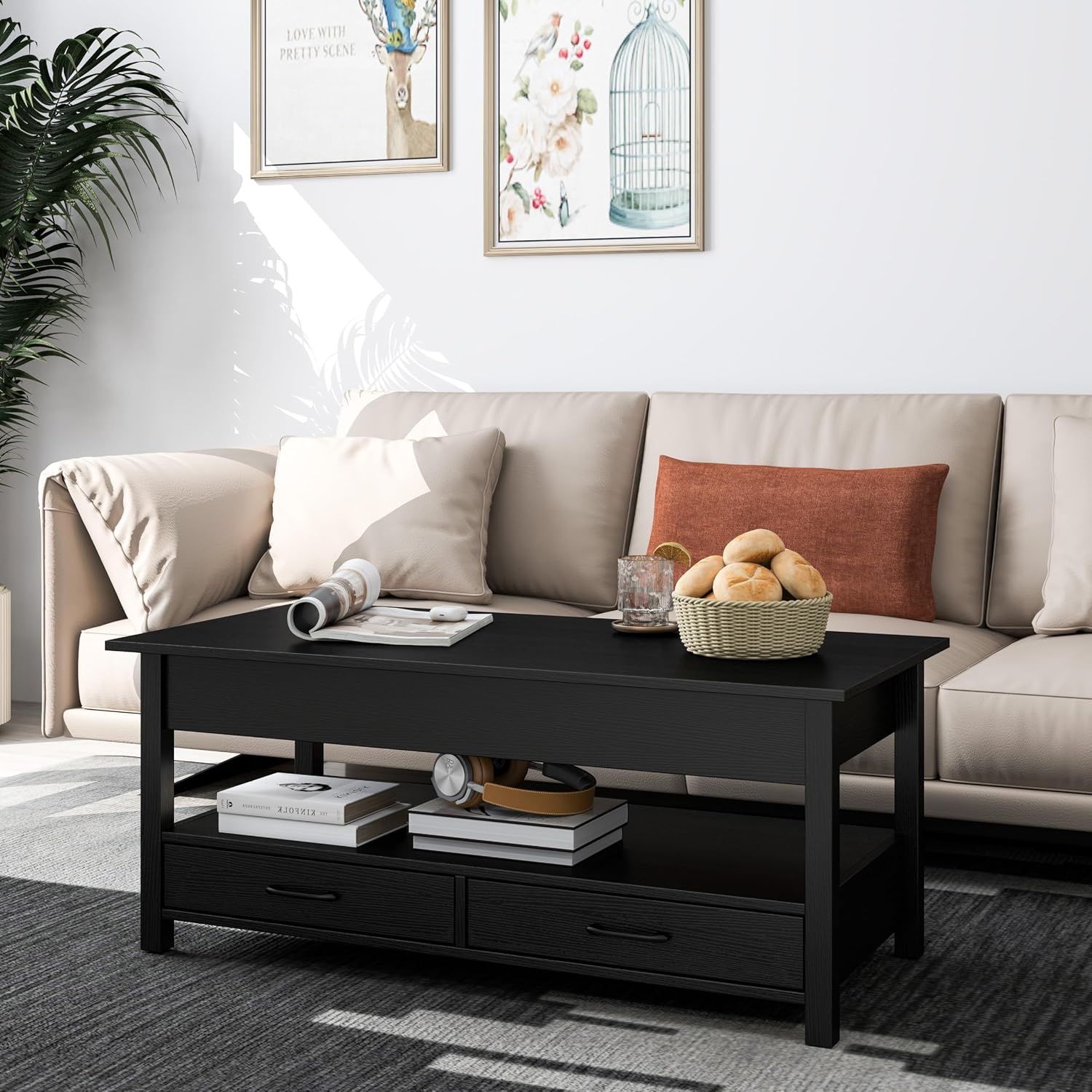 Panana Coffee Table, Lift Top Coffee Table with Hidden Compartment, 2 Drawers and 1 Open Shelf, Retro Central Wooden Table Lift Tabletop for Living Room (Black)